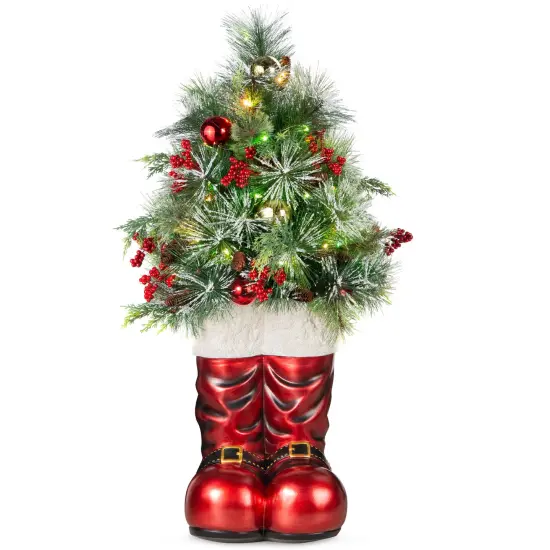 Best Choice Products 40in Santa Boots Decoration w/ Pre-Decorated Christmas Greenery, Battery-Operated Lights Red {1}
