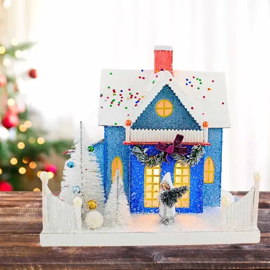 Cody Foster 9.75 In Confetti Cottage Christmas Putz House , Christmas Decor Village House Putz Blue {5}