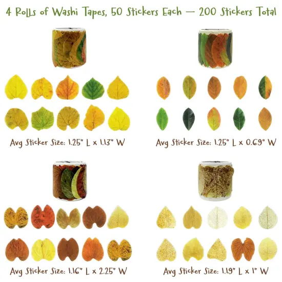 Wrapables Decorative Fall Leaves Washi Tape Stickers Colorful Autumn Leaves for Scrapbooking, Stationery, Diary, Card Making, Arts & Crafts, 4 Rolls (200 Pieces Total) {2}