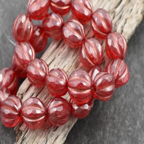 *12* 10mm Copper Washed Ruby Red Luster Faceted Round Melon Beads {4}