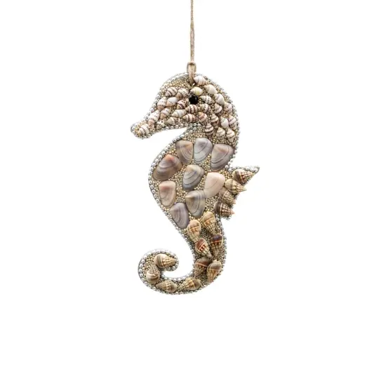 Shell & Glass Beaded Lac Sea Horse Ornament - Brown & White {2}