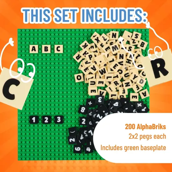 Strictly Briks AlphaBriks, MathBriks, and 10x10 Green Baseplate, 200 Pieces, 2x2 Alphabet Letter and Number Bricks, Easy to Remove, Fun and Educational Tool, 100% Compatible with All Major Brands Multicolor {3}