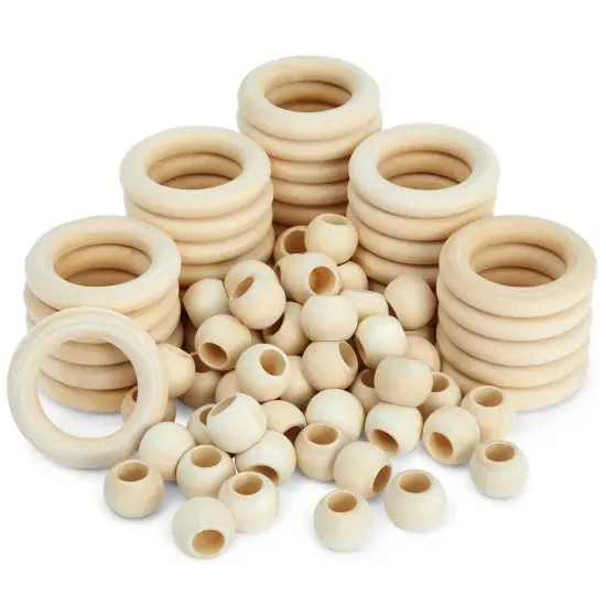 Bright Creations Set of 50 Wooden Beads and 30 Wood Rings for Macrame, DIY Pendant Connectors, Wall Hanging Craft (Rings 2.2 in/Beads 20mm) {1}