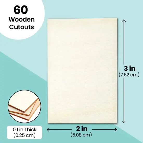 60 Pack Unfinished Wood Rectangles for Crafts, 2x3 Wooden Pieces for Painting, DIY Projects, Decorations, Engravings Brown {5}