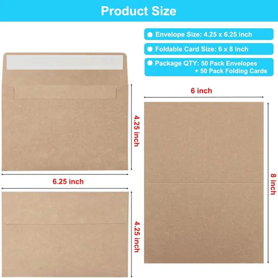 Blank Cards and Envelopes 4x6, 50 Pack Brown Blank Folded Greeting Cards and Envelopes Set with A4 Greeting Card Envelopes for DIY Greeting Cards, Thank You Cards, Invitations in All Occasions {2}