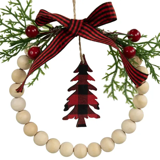 Northlight Buffalo Plaid Tree and Bow Wooden Beaded Christmas Wreath Ornament - 5.5" Ivory {7}