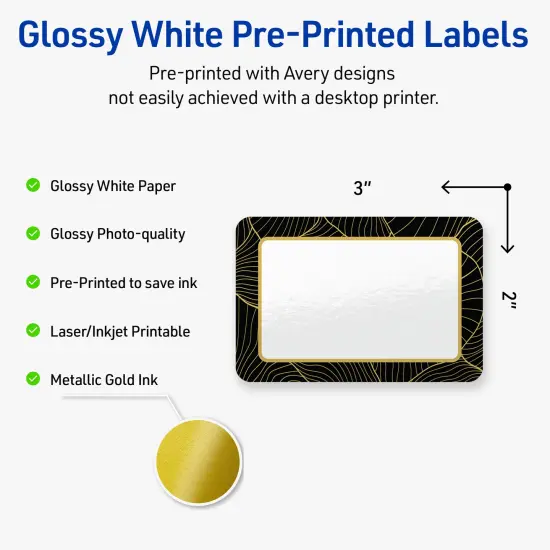 Avery Printable Rectangle Labels with Sure Feed Technology, Pre-Printed Black Border with Gold Pattern, Glossy White, 2" x 3", Laser & Inkjet Compatible, 80 Total {2}