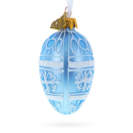 Frosted Blue with White Floral Pattern Mini Glass Egg Ornament 2.9 Inches {3}