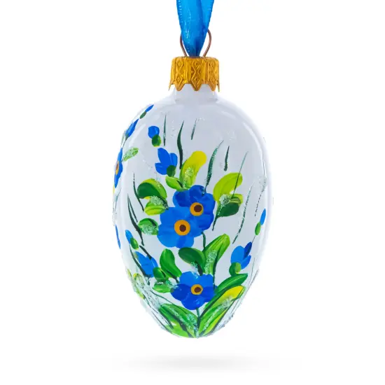 White with Blue Floral and Green Leaf Accents Mini Glass Egg Ornament 2.9 Inches {4}