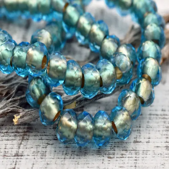 *25* 5x8mm Gold Lined Capri Blue Faceted Large Hole Rondelle Roller Beads {4}