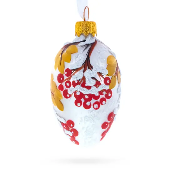 Frosted White with Red Berry and Snow-Covered Branch Design Mini Glass Egg Ornament 2.9 Inches {3}