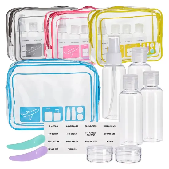 Set of 4 TSA Clear Toiletry Bags with Empty TSA Approved Travel Containers For Packing, Assorted Colors Multicolor {1}