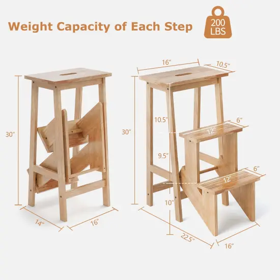 Costway 3 Tier Folding Step Stool 3-in-1 Rubber Wood Ladder Storage Shelf Coffee/Brown/Natural/White {3}