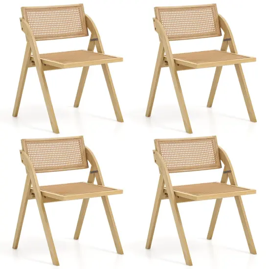Costway Foldable Dining Chairs Set of 2/4 with Woven Rattan Backrest & Seat Rubber Wood Frame Natural {2}