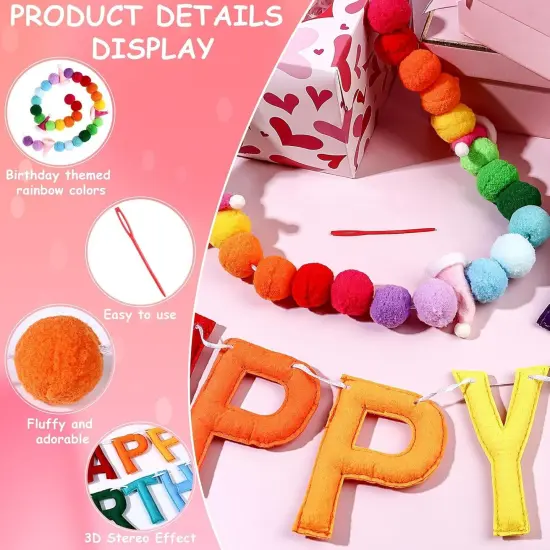 2 Pcs 118 Inch Pre-Strung Happy Birthday Banner Felt Reusable Rainbow Fabric Ball Garland Handmade Colorful Felt Letters Balls for Party Decor {2}