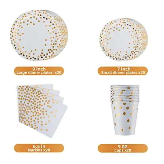 168 Pieces Pink and Gold-Pastel Party Supplies, Severs 24 Disposable Party Dinnerware Include Paper Party Plates, Cups, Napkins, Straw, Wooden Fork Spoon for Wedding,Christmas (White and Gold) {4}