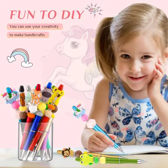 12 Pieces Beadable Pens Kit with Silicone Focal Beads, Animal Style, Black Ink, for DIY School Supplies Cute animal style {5}