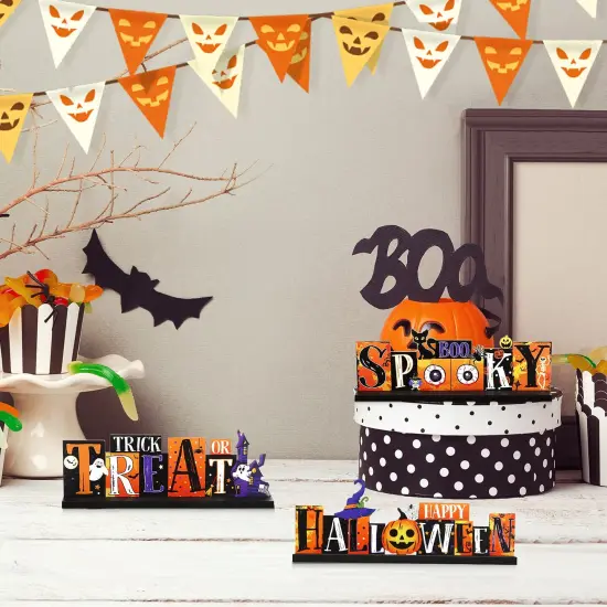 3 PCS Halloween Table Decorations Pumpkin Table Centerpiece Boo Spooky Wood Sign Trick or Treat Witch Hat Table Decor for Halloween Table Party Living Room Kitchen Office Bar Decorations {3}