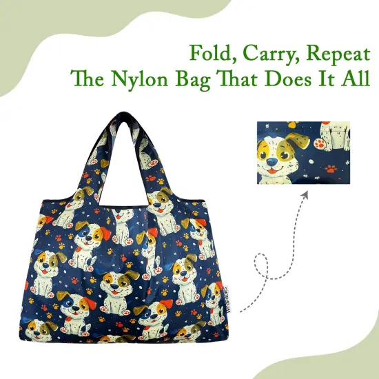 Wrapables Large & Small Foldable Tote Nylon Reusable Grocery Bags, Set of 2, Puppies and Paws {4}