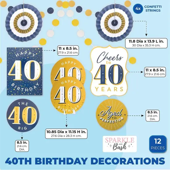 40th Birthday Decorations, Includes Table Centerpieces, Wall Sign, Ceiling Decorations and Confetti String (12 Pieces) Multicolor {2}
