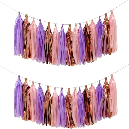 Pink Purple Rose Gold Tissue Paper Tassel Garland,Tissue Tassel Banner for Party Decorations,Pack of 15 {1}
