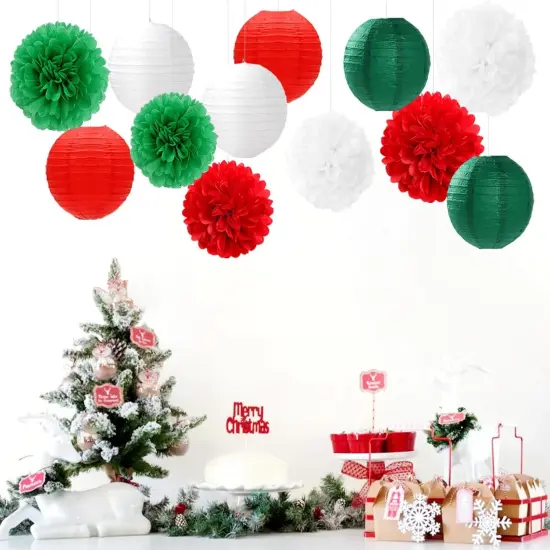 Red-Green White Party-Decorations Christmas Flowers Lanterns - 15PCS Italian Mexican Independence Day Paper Tissue Pom Poms Streamers,Mexico Italy Birthday Baby Shower Wedding Hanging Decor {3}