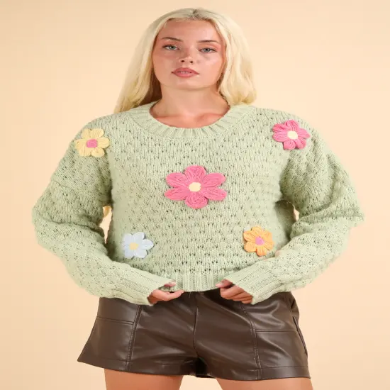 Hand Made Flower Applique Oversized Knit Sweater Top BLUSH {4}