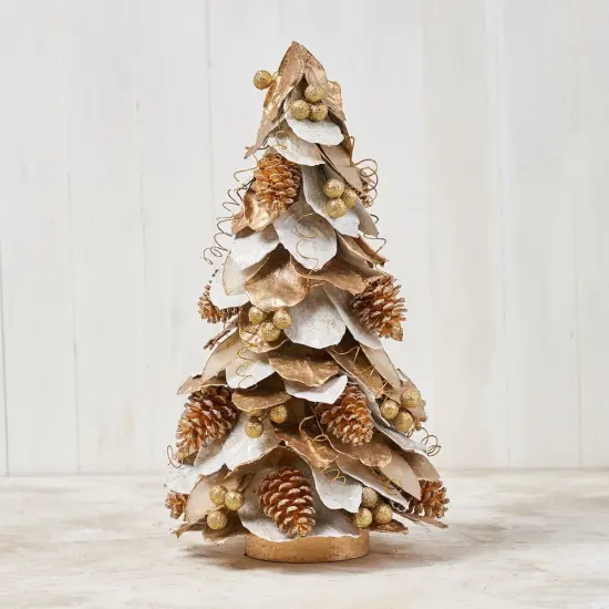 24" Natural JackFruit leaves Tabletop ConeTree - Handcrafted Christmas Decorations - Holiday Tree Gold {1}