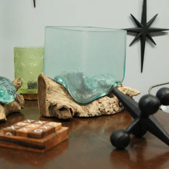 Teak Driftwood Glass Square Vase/Bowl - 8" High - Nature-Inspired Decor Brown {6}