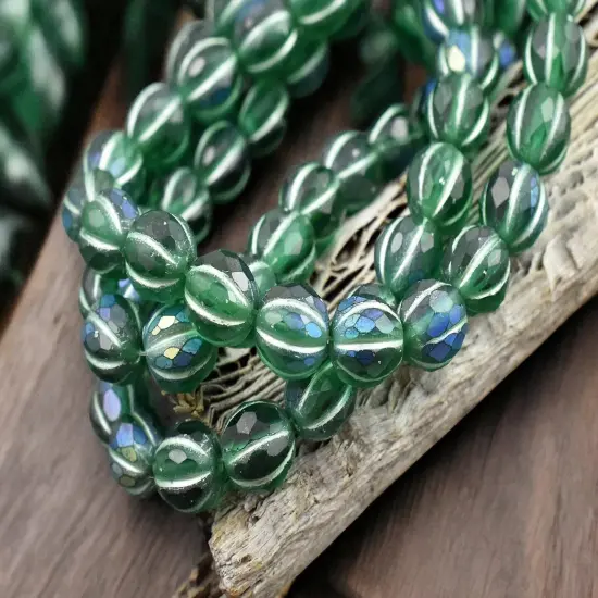 *20* 8mm Green Washed Matte Emerald AB Faceted Round Melon Beads {1}