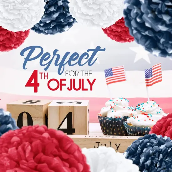 EpiqueOne 20-Piece Tissue Paper Pom Poms Party Decoration Kit - Blue, Red & White | Different Sizes - 6", 8", 10", 12" & 14" | Ideal for Birthdays, Bridal or Baby Showers, Weddings, Graduation & More {6}