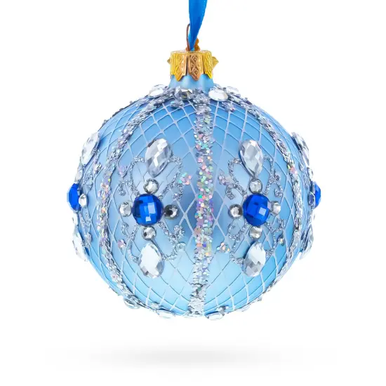 Luxurious Blue and Silver Jeweled Glass Ball Ornament 3.25 Inches {3}