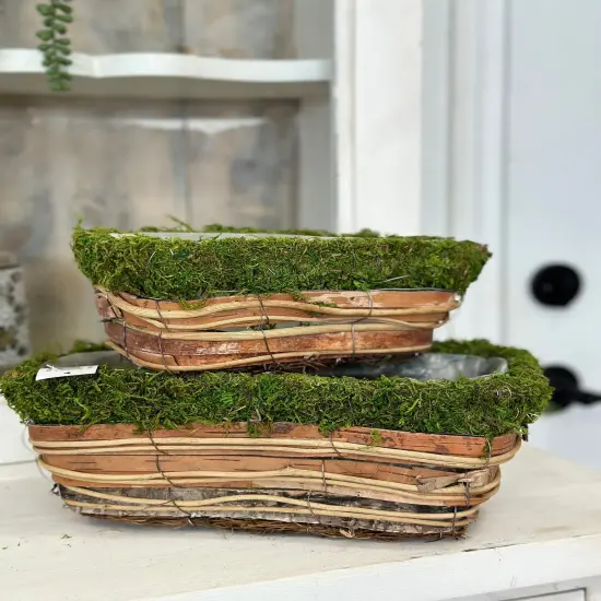 Rustic Bark and Moss Planter Set - Decorative Rectangular Pots for Flowers, Succulents, or Centerpieces - Spring Planter Box (KC2098) {2}