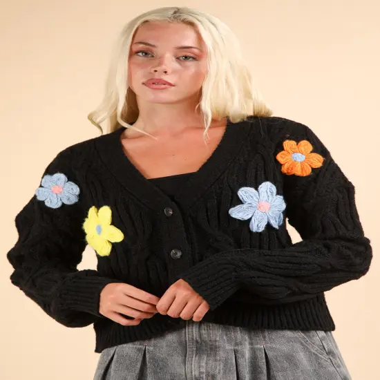 Plus Size Flower Applique Lovely Knit Sweater Cardigan HOT PINK {4}