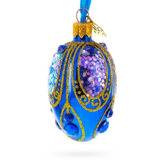 Royal Blue with Gold Glitter and Iridescent Sequins Mini Glass Egg Ornament 2.9 Inches {4}