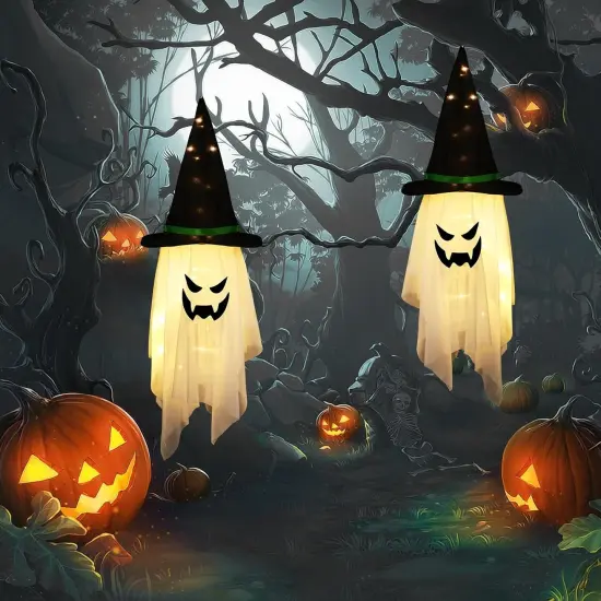 Halloween Decorations Outdoor Hanging Lighted Decor Glowing Ghost Witch Hat {2}