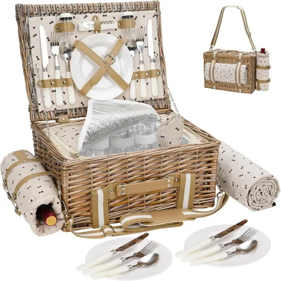 31Pcs Picnic Basket for 4 -Wicker Picnic Set with Waterproof Blanket & Wine Bag| Large Picnic Hamper with Insulated Cooler & Cutlery Kit for Couples Camping,Brown Flower,16x12x7.5inch {1}