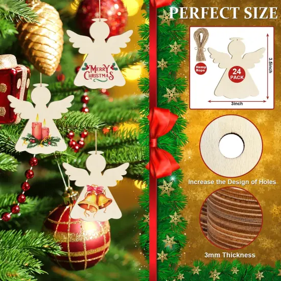 Wooden Christmas Ornaments to Paint - Angel Decoration Cutouts, Unfinished 24PCS, 3.5 x 3 inches, DIY Blank Unfinished Christmas Tree Wood Discs Ornament for Home Crafts Hanging {2}