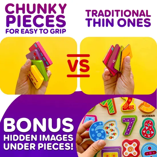 3 Set Chunky Wooden Puzzles for Toddlers | Alphabet, Numbers & Geometric Forms {3}