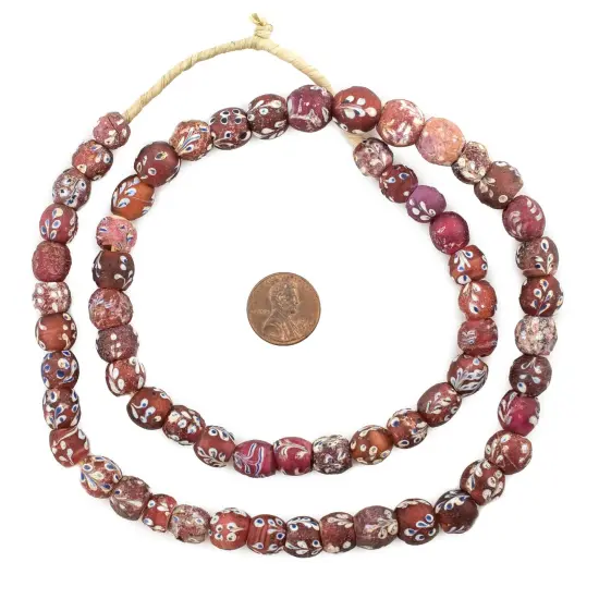 The Bead Chest Antique Venetian Flower White Heart Beads 11mm Ethiopia African Red Round Glass Large Hole 25 Inch Strand Handmade {2}