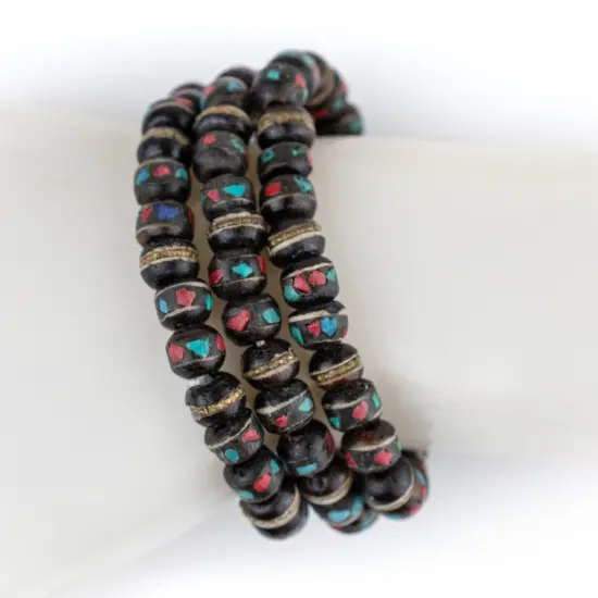 The Bead Chest Mala Stretch Bracelet, Black - Stackable Nepal Bone Inlaid with Turquoise & Coral Colors, 100% Authentic and Genuine {4}