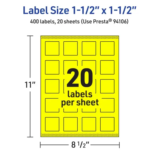 Avery Neon Yellow Paper Labels, 1.5" x 1.5" Square {5}