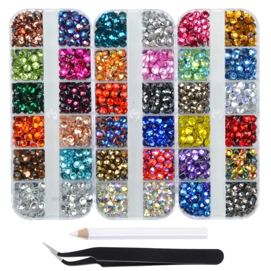 3300pcs+ Flatback Glass Hotfix Iron On Rhinestones Crystal for DIY Making with 1 Tweezer & 1 Picking Pen for Shoes, Clothes, Face Art, Bags, Manicure (34-Colors, SS 16) {1}