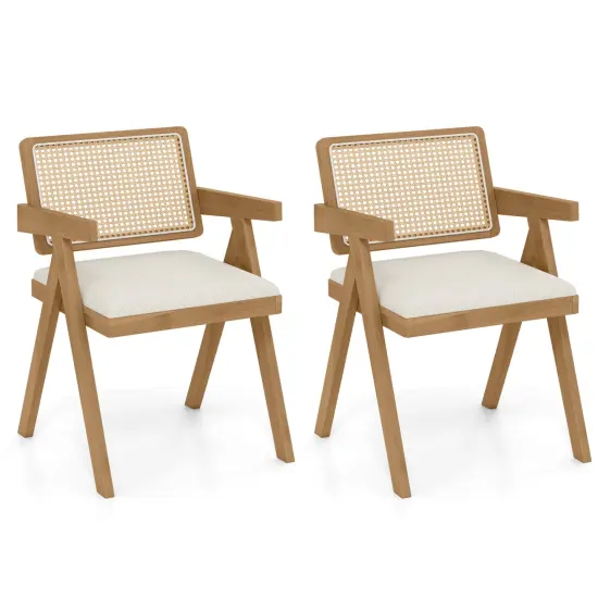 Set of 2 Rattan Accent Chairs with Padded Cushion & Rubber Wood Frame for Living Room Beige {4}