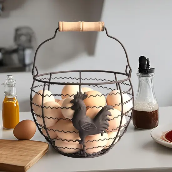 Wire Egg Basket for Gathering Fresh Eggs Collecting Basket With Handle,Rusty Chicken Decorated Small Chicken Egg Basket {2}