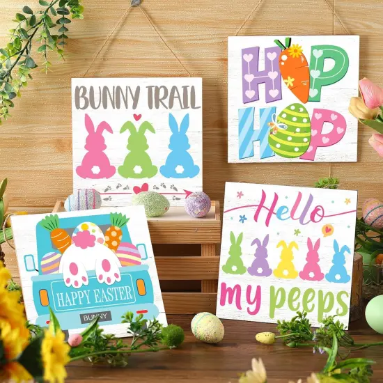 4 Pcs Happy Easter Door Sign Wooden Bunny Rabbit Easter Wreaths Welcome Door Sign Wall Hanging Plaque Farmhouse Easter Decorations Wall Pediments Wreath for Home Front Porch Door Decor {2}