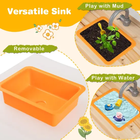 Kids Mud Kitchen Fir Wood Playset with Planting Pots and Blackboards-Natural {6}