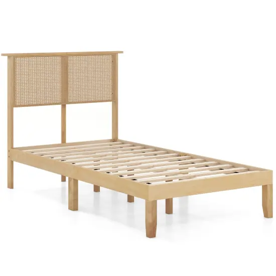 Natural Platform Bed Frame with Rattan Headboard and 12 Wooden Slats {2}