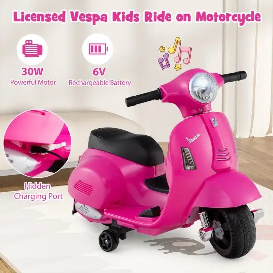 Plastic Licensed Kids Ride-On Motorcycle Vespa with LED Headlight and Horn Sound Pink {5}