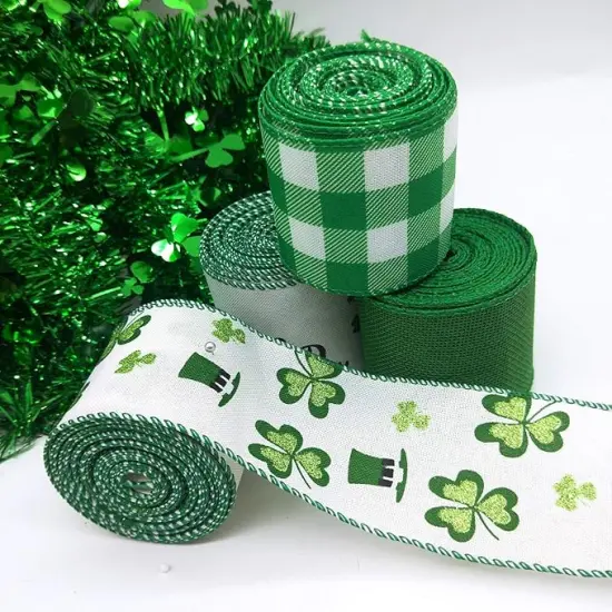 4 Rolls Shamrock Wired Edge Ribbon - 2.5''&times;24 Yard St Patrick's Day Green Wired Ribbon, Burlap Plaid Shamrock Fabric Craft Irish Ribbon for Gift Wrapping, Wedding Birthday Crafts Decorations {4}